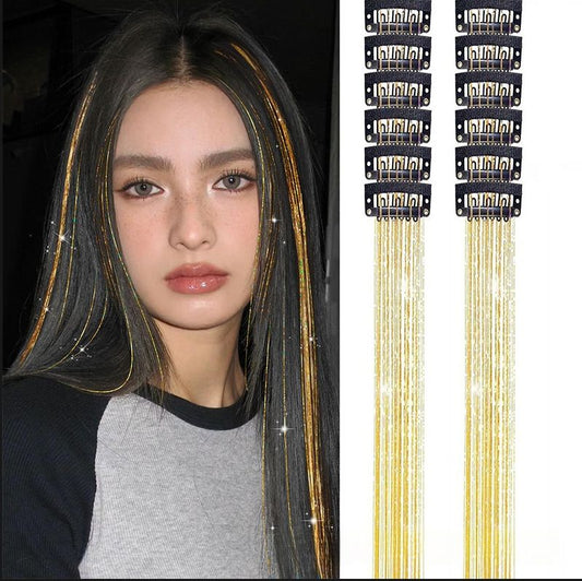 Gold Laser Iridescent Hair Extensions – 12-Piece Clip-In Highlight Strands (High-Temperature Fiber)