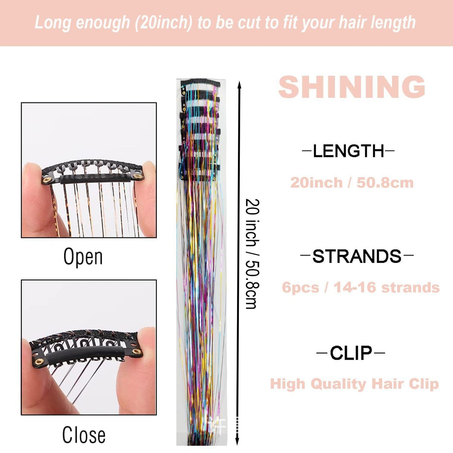 Pink Laser Iridescent Hair Extensions – 12-Piece Clip-In Highlight Strands (High-Temperature Fiber)