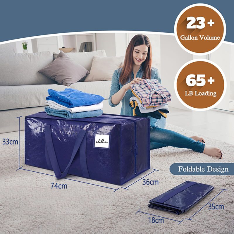 4 Pack Extra Heavy Duty Large Moving Bags with Strong Zipper & Comfortable Handles, Sturdy & Durable Clothes Storage Bags Totes Bins,  Packing Moving Boxes for Clothes, Bedding, Dorm & Travel, Dark Blue