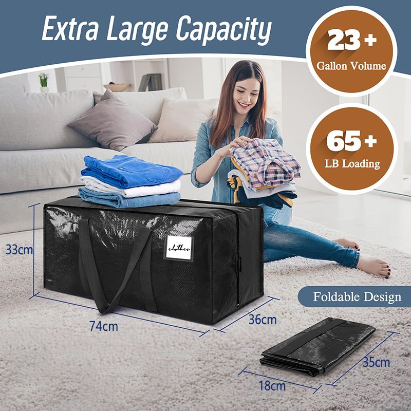 4 Pack ( 2 Dark Blue+2 Black ) Extra Heavy Duty Large Moving Bags with Strong Zipper & Comfortable Handles, Sturdy & Durable Clothes Storage Bags Totes Bins,  Packing Moving Boxes for Clothes, Bedding, Dorm & Travel,