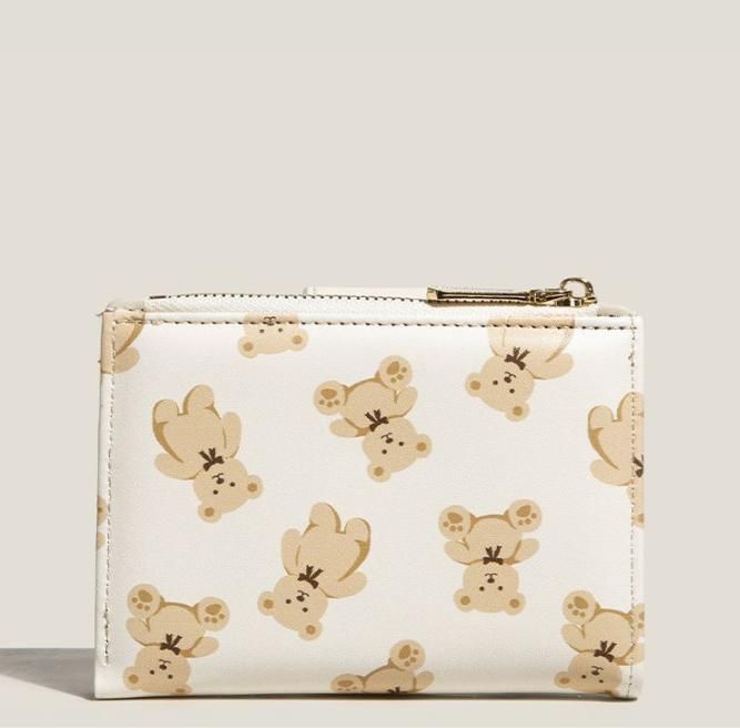 Brown Cute Bear Print Bifold Wallet - PU Leather & Polyester Card Holder with Zip Coin Purse & ID Window - Compact Foldable Wallet for Women & Students