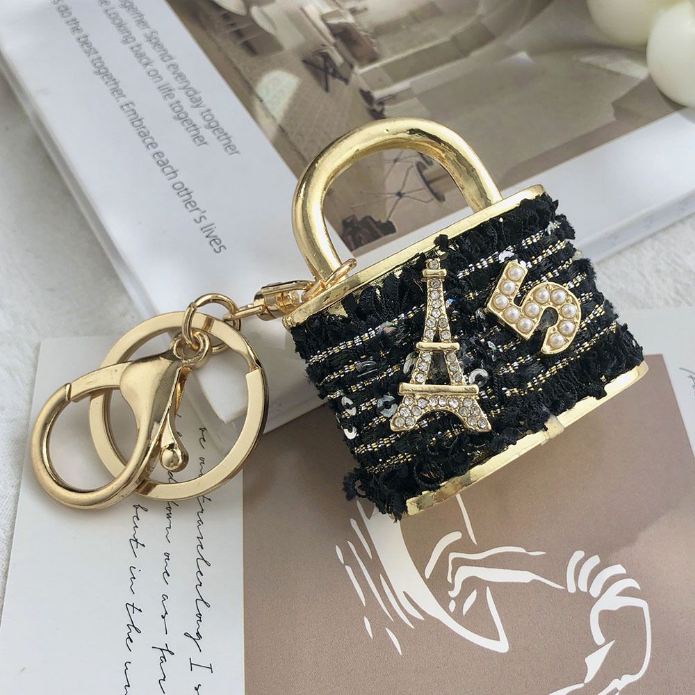 Black Sparkling Rhinestone Lock Keychain - 3D Mini Handbag Charm with Alloy & Canvas Detail, Perfect Gift for Her