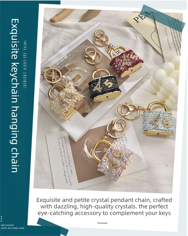 Blue Sparkling Rhinestone Lock Keychain - 3D Mini Handbag Charm with Alloy & Canvas Detail, Perfect Gift for Her