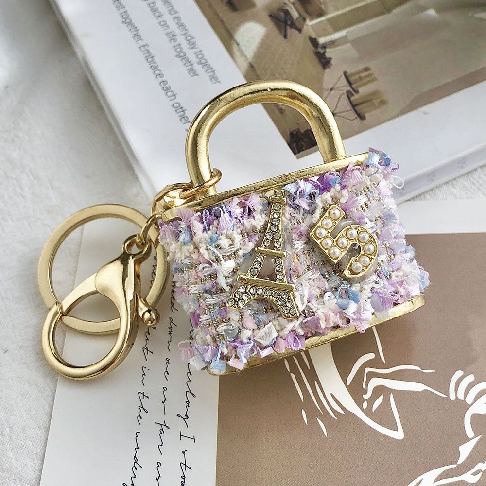 Purple Sparkling Rhinestone Lock Keychain - 3D Mini Handbag Charm with Alloy & Canvas Detail, Perfect Gift for Her
