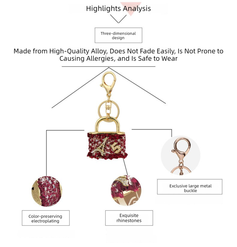 Red Sparkling Rhinestone Lock Keychain - 3D Mini Handbag Charm with Alloy & Canvas Detail, Perfect Gift for Her