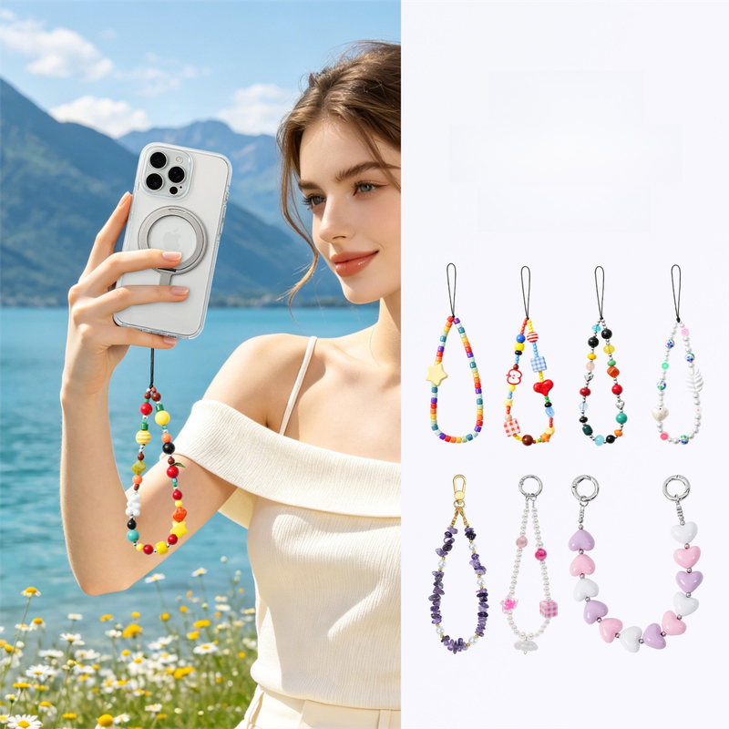 YKA-14 Trendy Double-Clasp Beaded Phone Wrist Strap - Colorful Acrylic & Metal Anti-Loss Lanyard with Spacer Gift