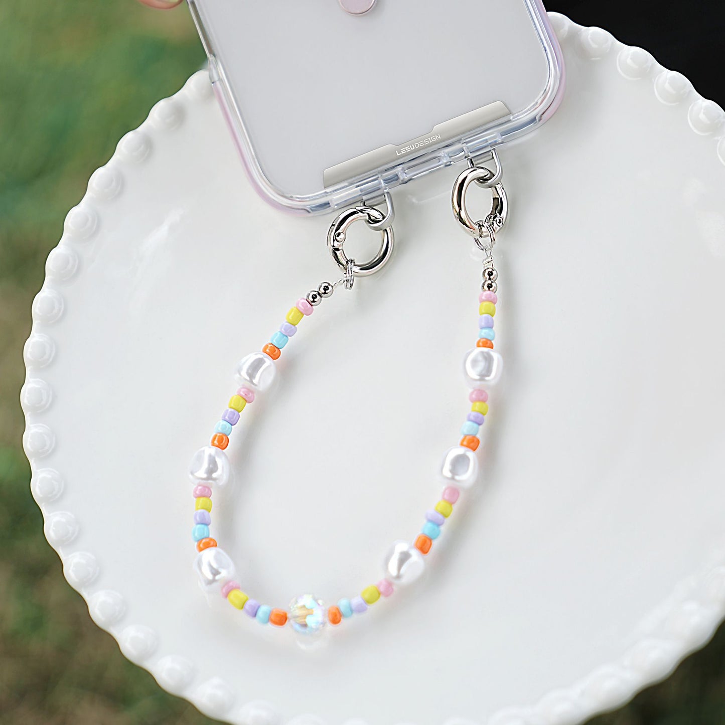 YKA-14 Trendy Double-Clasp Beaded Phone Wrist Strap - Colorful Acrylic & Metal Anti-Loss Lanyard with Spacer Gift