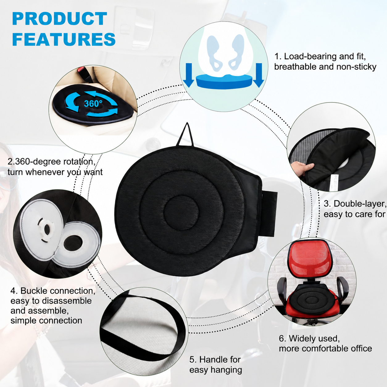 Black 360° Swivel Car Seat Cushion – Portable Rotating Transfer Aid for Elderly, Pregnant Women & Mobility Support