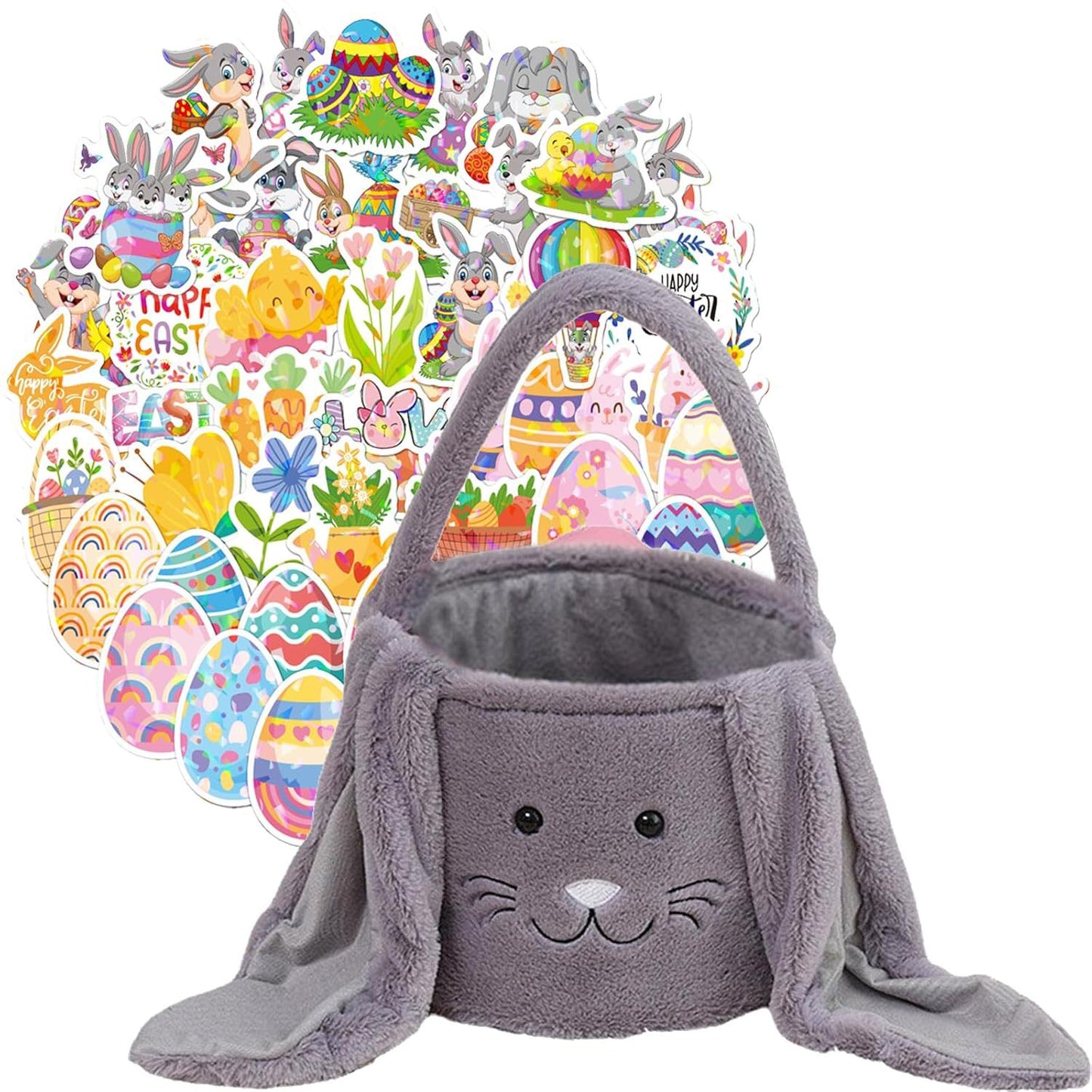 White Cute Plush Bunny Easter Basket with Long Ears and Personalization Option for Kids Egg Hunt and Spring Celebration