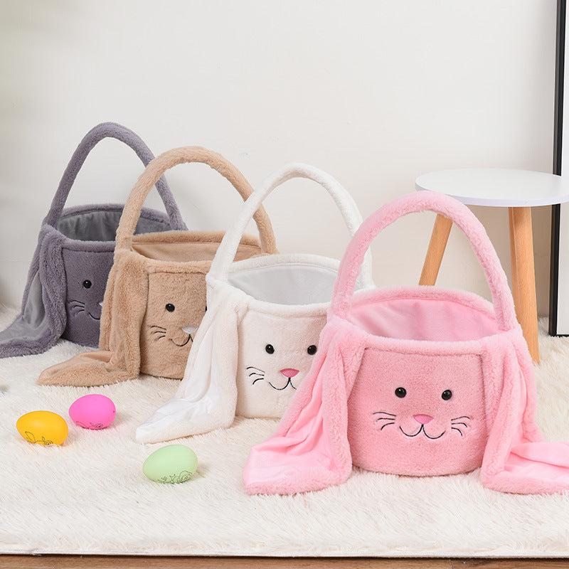White Cute Plush Bunny Easter Basket with Long Ears and Personalization Option for Kids Egg Hunt and Spring Celebration