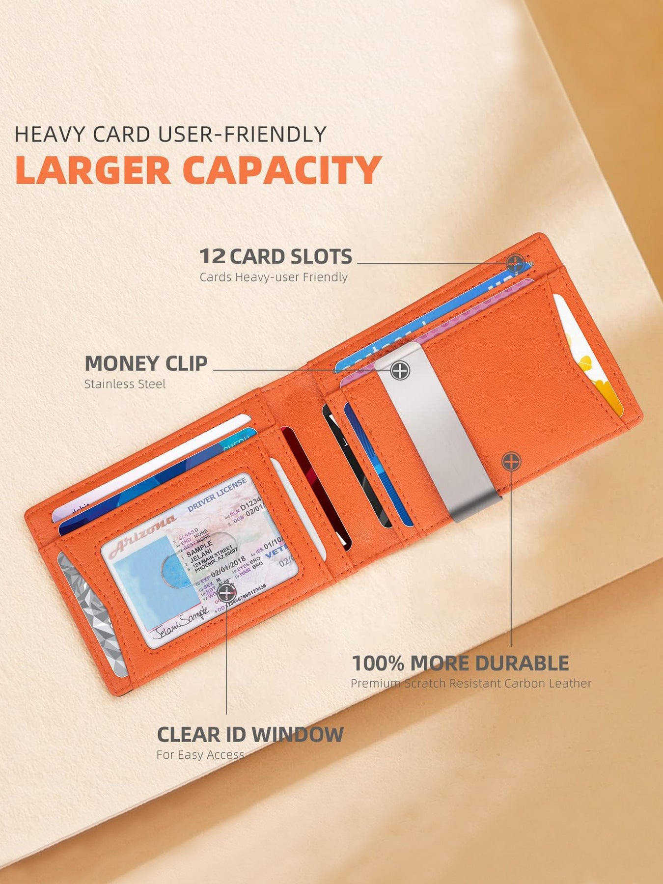 Black and orange 12-Card Slot Men's Wallet with RFID Protection – Slim, Durable, and Secure Bifold Wallet