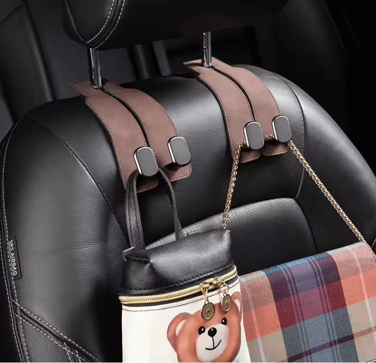 Brown 4-Pack Car Seat Back Hooks – Hidden Suede Leather with Metal Hooks for Storage and Phone Stand
