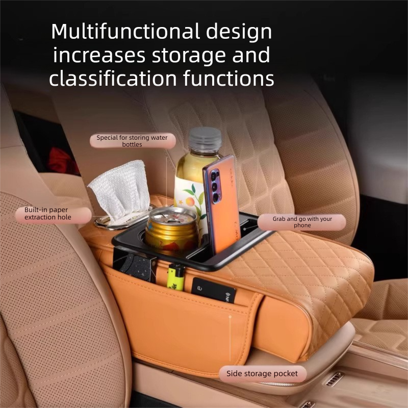 Coffee color Car Central Armrest Box Raiser Pad with Cup Holder, Tissue Box & Phone Storage – 4-in-1 Multi-Functional Design