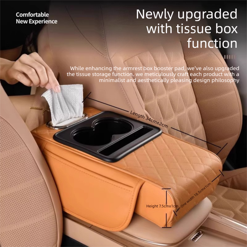 Black and red Car Central Armrest Box Raiser Pad with Cup Holder, Tissue Box & Phone Storage – 4-in-1 Multi-Functional Design