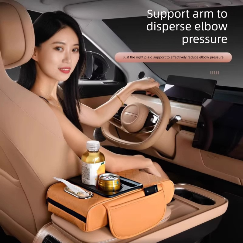 Yellow Car Central Armrest Box Raiser Pad with Cup Holder, Tissue Box & Phone Storage – 4-in-1 Multi-Functional Design