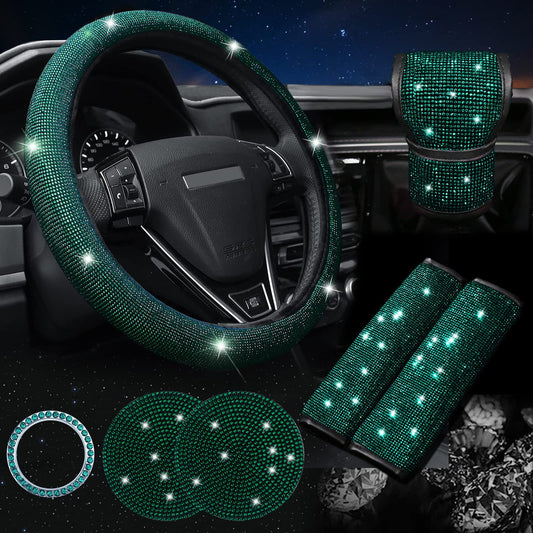Green 7-Piece Car Interior Decoration Set – Crystal Rhinestone Steering Wheel Cover, Gear Shift Cover, Seat Belt Pads, Cup Coasters & Ignition Switch Cover
