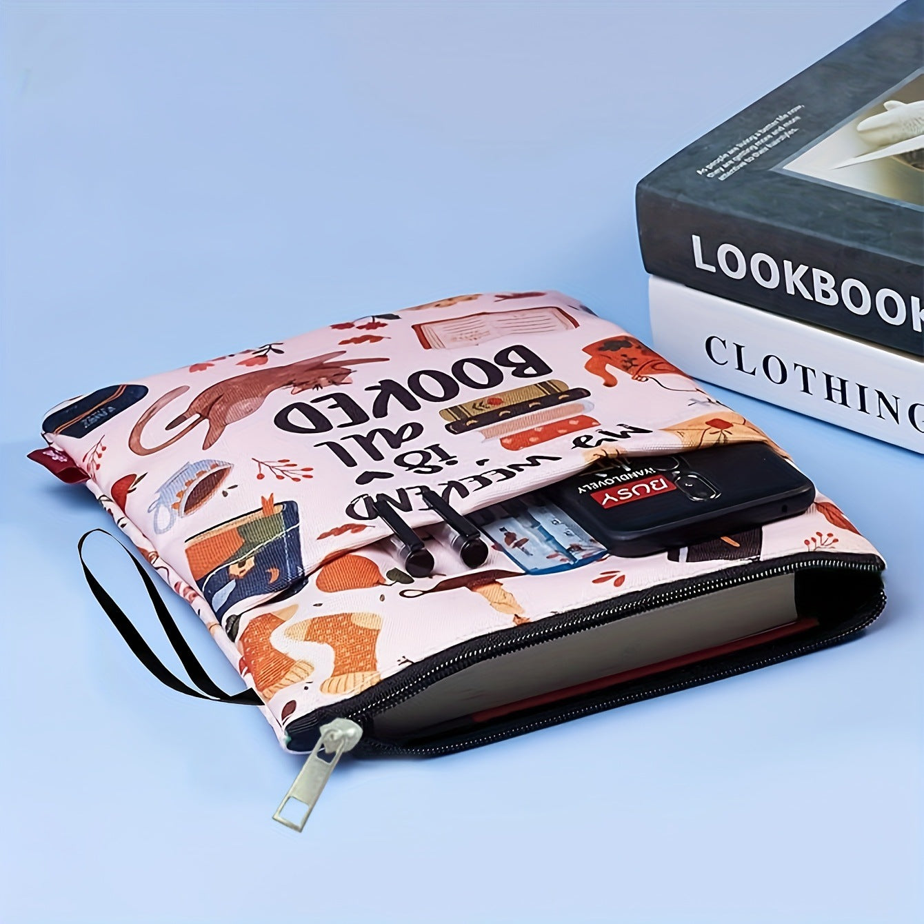 Book nerd Zippered Book Sleeve with Printed Design – Waterproof Protective Cover for Books, Ideal for Readers and Students with Extra Pocket & Carry Strap