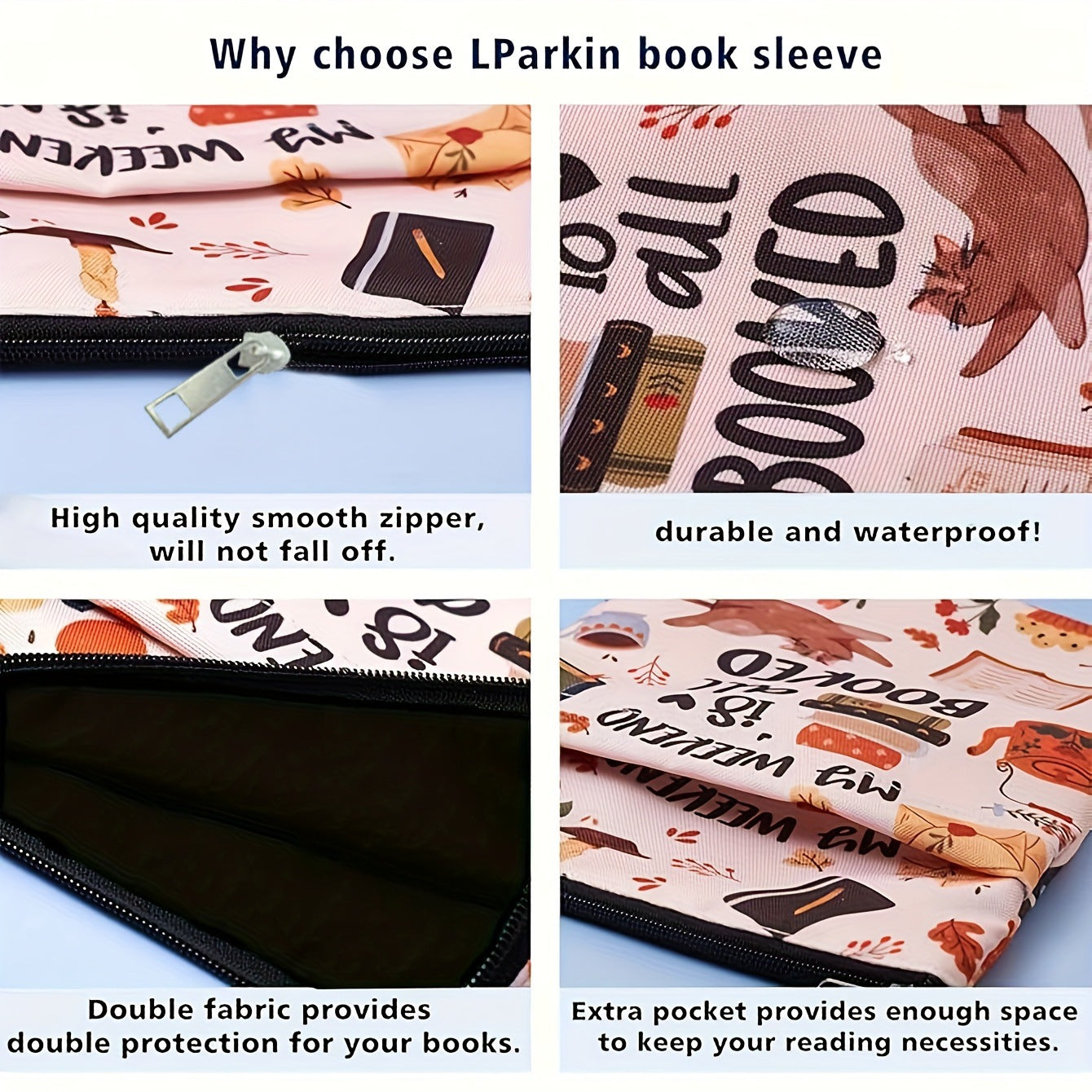 Daisy Zippered Book Sleeve with Printed Design – Waterproof Protective Cover for Books, Ideal for Readers and Students with Extra Pocket & Carry Strap