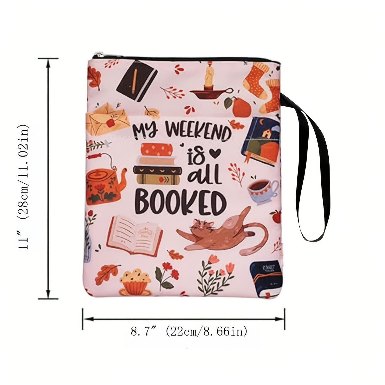 Cat Flowers Zippered Book Sleeve with Printed Design – Waterproof Protective Cover for Books, Ideal for Readers and Students with Extra Pocket & Carry Strap