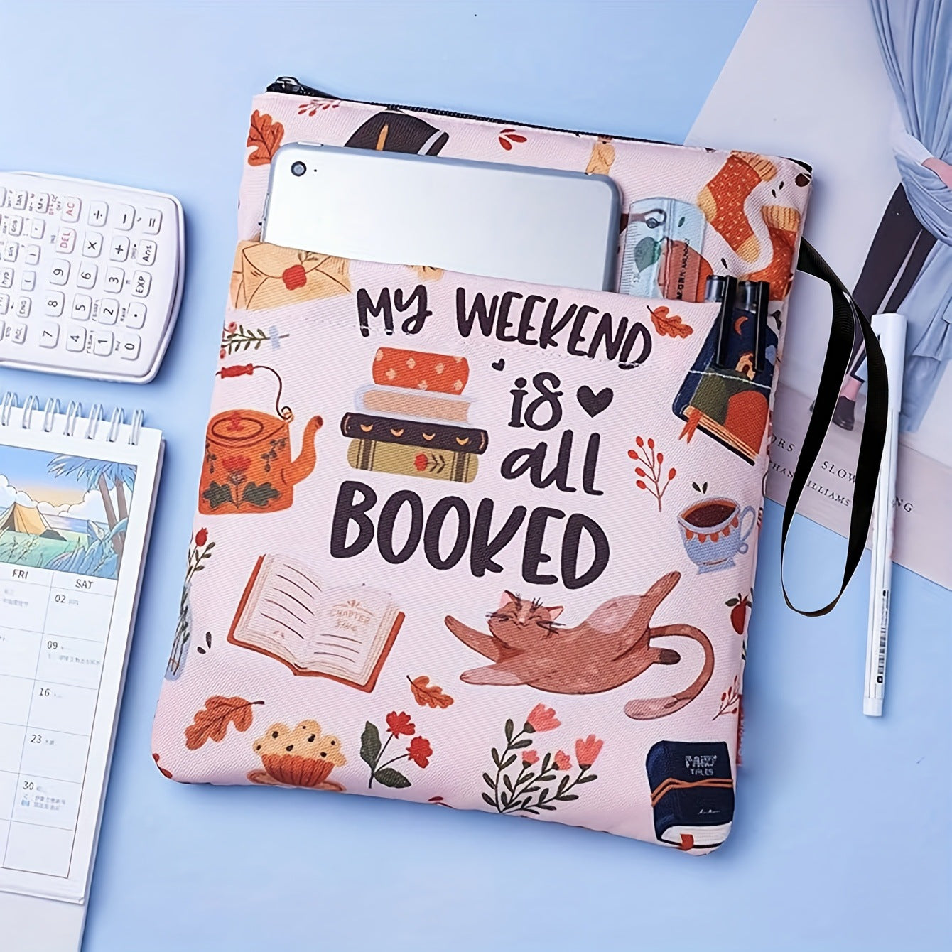 Bohemian check Zippered Book Sleeve with Printed Design – Waterproof Protective Cover for Books, Ideal for Readers and Students with Extra Pocket & Carry Strap