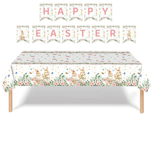 Easter Party Decoration Set – Floral Bunny Tablecloth 137x274cm + Happy Easter Banner, Spring-Themed Decor for Festive Gatherings