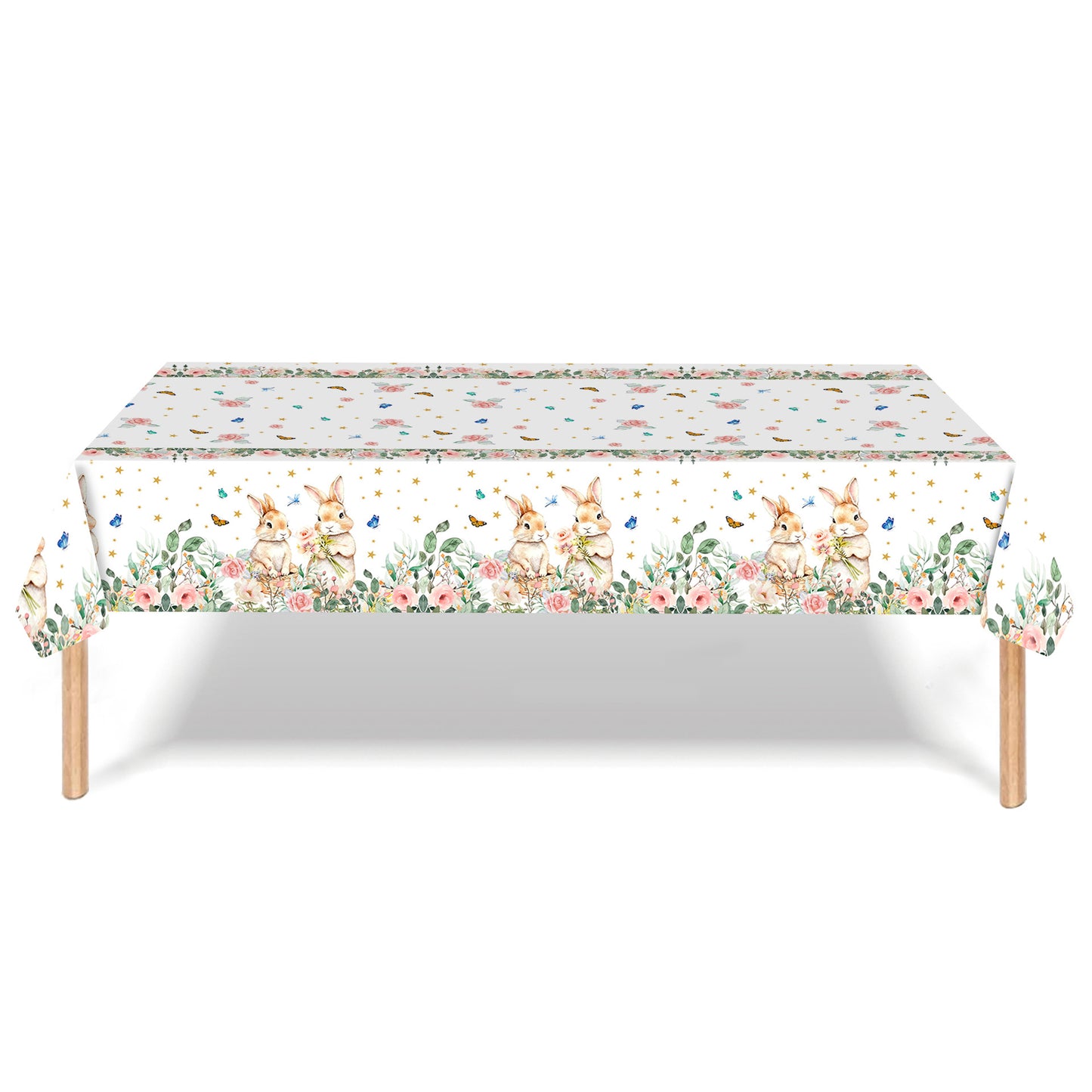 Easter Party Decoration Set – Floral Bunny Tablecloth 137x274cm + Happy Easter Banner, Spring-Themed Decor for Festive Gatherings