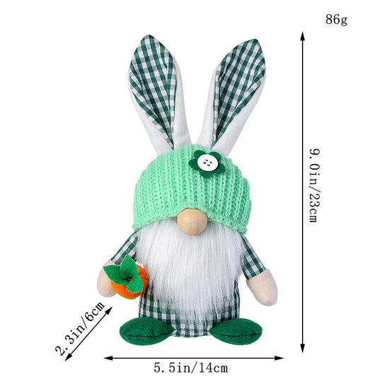 Green Easter Plush Bunny Gnome Figurine – Decorative Doll with Long Hair and Checkered Ears for Home Display