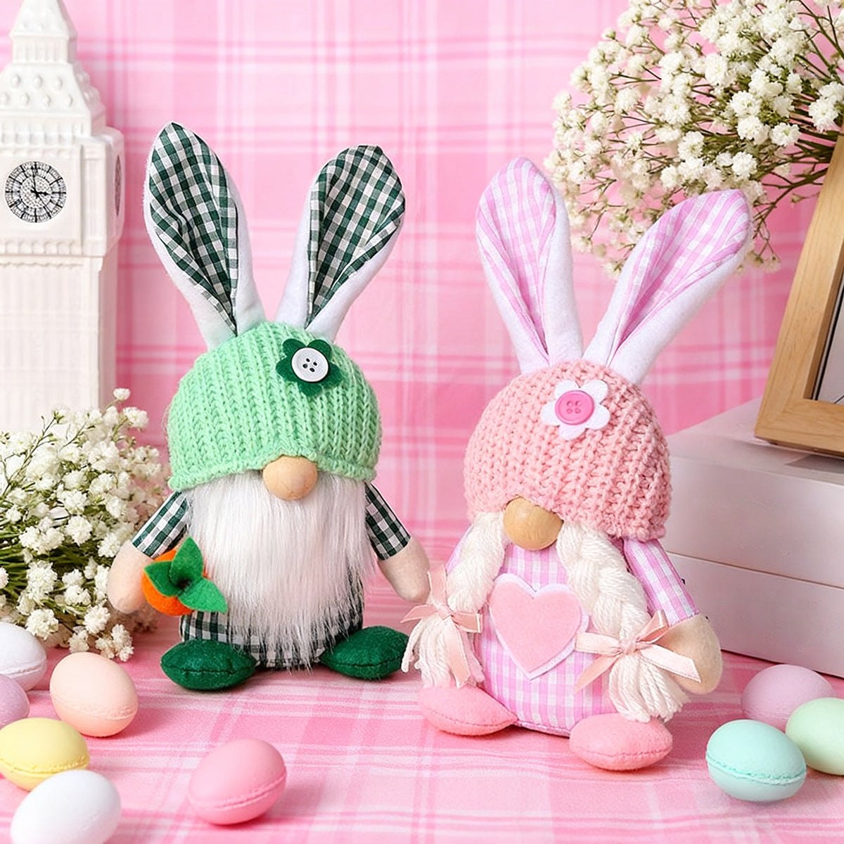 Green Easter Plush Bunny Gnome Figurine – Decorative Doll with Long Hair and Checkered Ears for Home Display