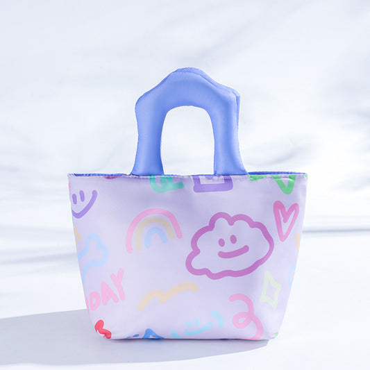 Purple Insulated Lunch Bag – Multi-Color Printed Tote with Padded Handle for Students & Office Workers