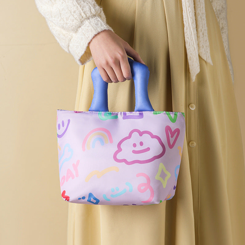 Blue and orange handbag Insulated Lunch Bag – Multi-Color Printed Tote with Padded Handle for Students & Office Workers