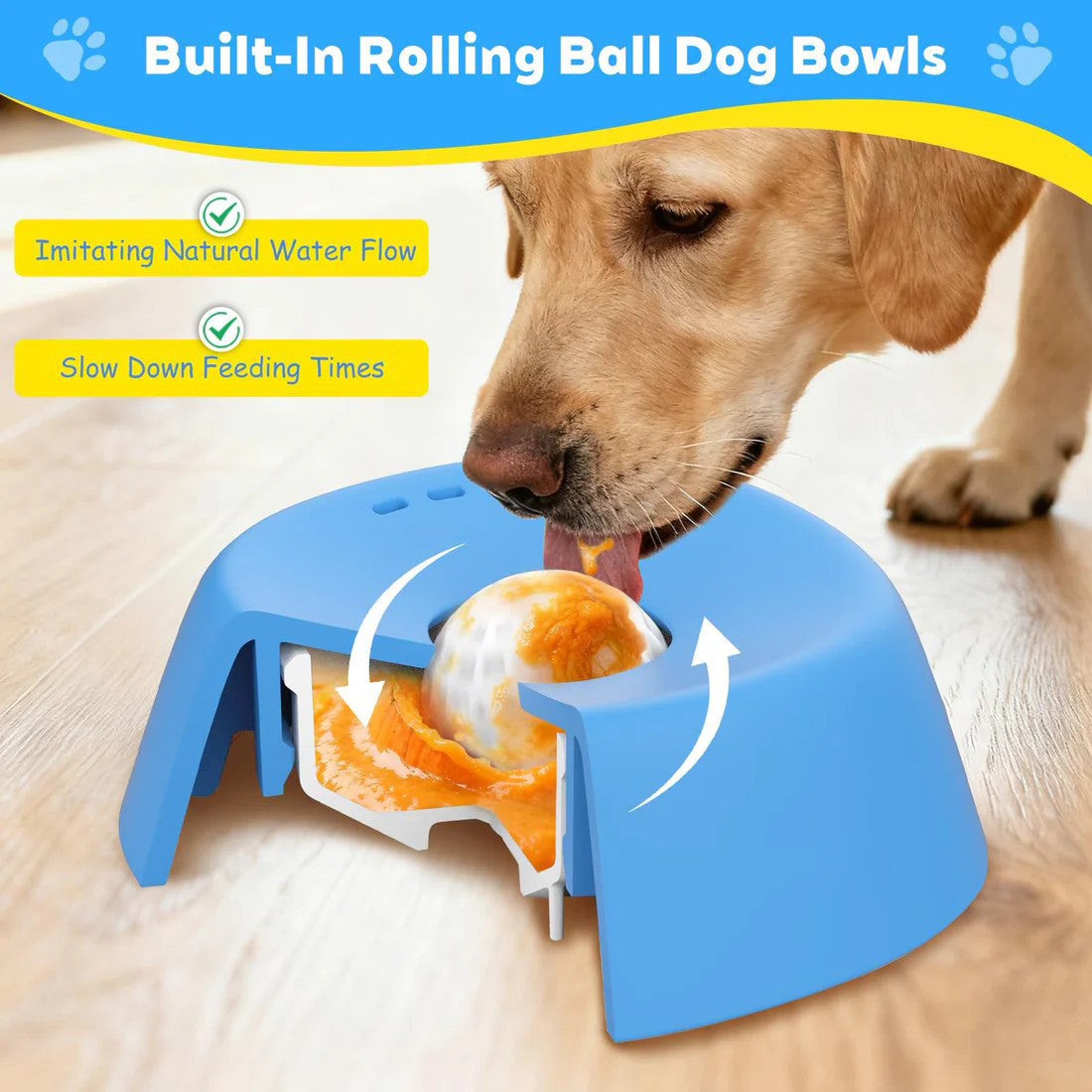 Yellow bowl, white ball Slow Feeding Dog Bowl with Built-In Rolling Ball – Anti-Spill Pet Lick Dish for Healthy Eating Habits