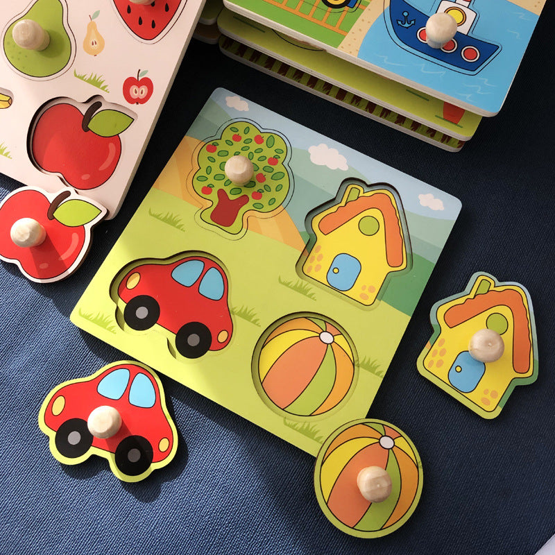 Tree of Items Hand-Grip Puzzle Board – Educational Shape Matching Toy for Early Learning, 14.5cm Square Design