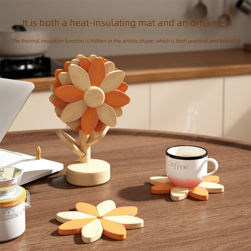 5-Piece Floral-Shaped Trivet Set with Stand – Wooden Heat Resistant Pad for Table, Dish, Pot or Cup(Warm orange and beech wood two-tone)