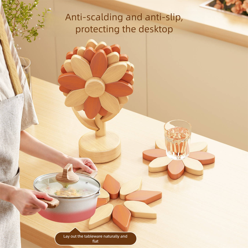 5-Piece Floral-Shaped Trivet Set with Stand – Wooden Heat Resistant Pad for Table, Dish, Pot or Cup(Warm orange and beech wood two-tone)