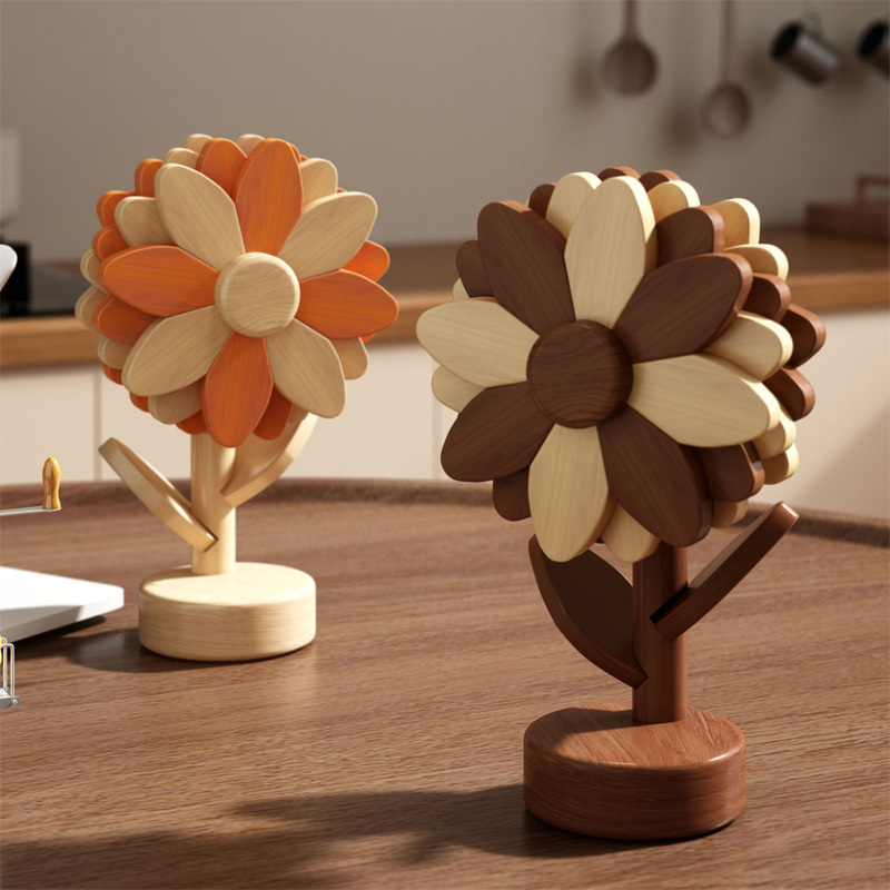 5-Piece Floral-Shaped Trivet Set with Stand – Wooden Heat Resistant Pad for Table, Dish, Pot or Cup(Walnut solid colour)