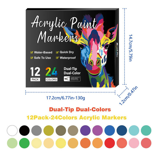 Dual-Tip Acrylic Markers – 12-Pack, Water-Based, Quick-Dry, Waterproof, for Multi-Surface Writing and Coloring (24 Colors)