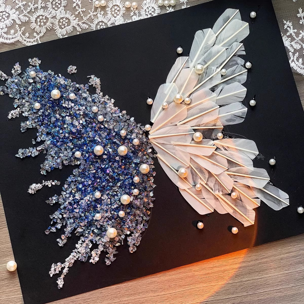 Crystal Feather Butterfly DIY Craft Kit – Handmade Art Material Set with Natural Feathers, Beads and Frame for Home Decoration or Gift Making