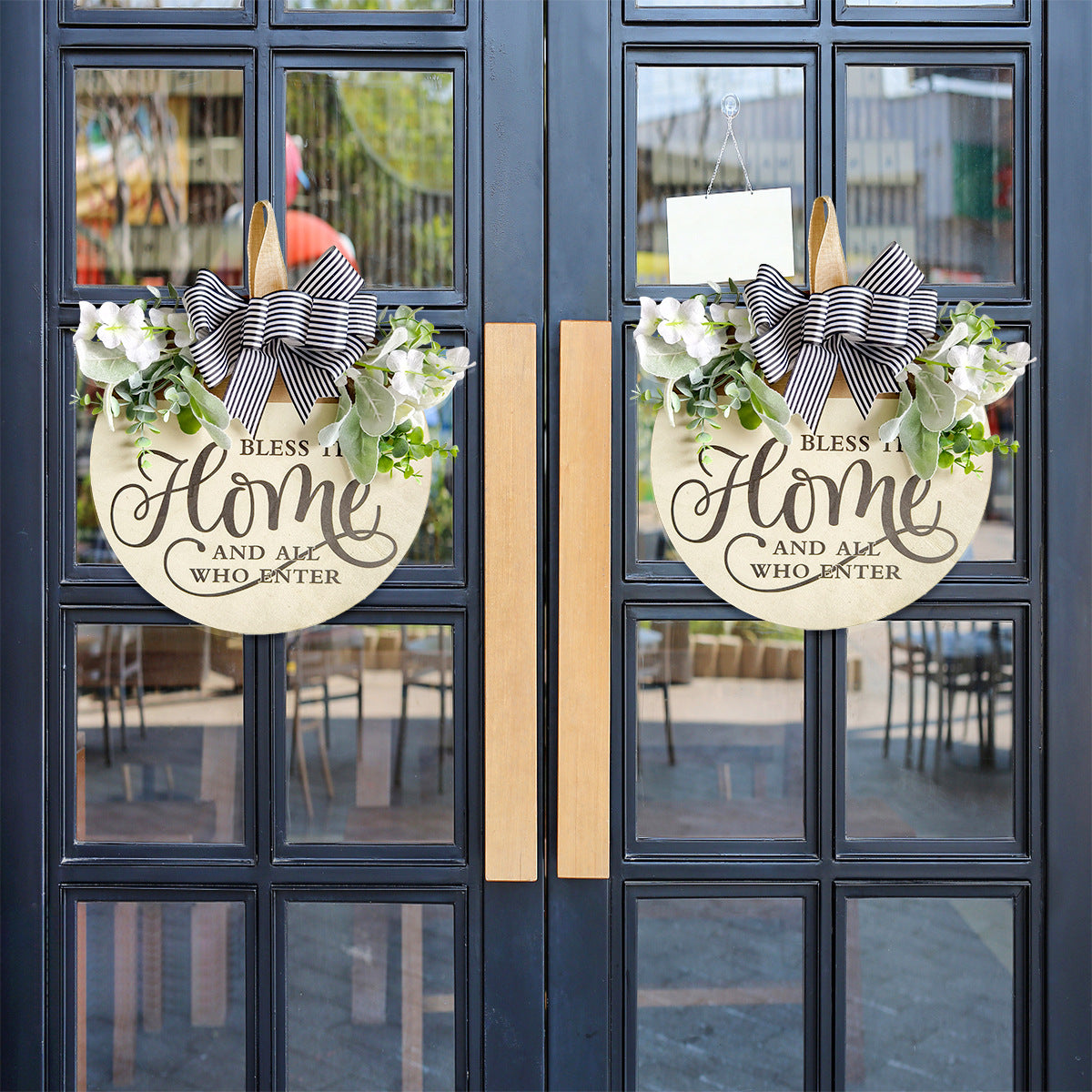 Rustic Wooden Door Hanger – "Bless This Home and All Who Enter" Round Sign with Artificial Flowers & Striped Bow for Front Door, Porch, or Entryway Decor