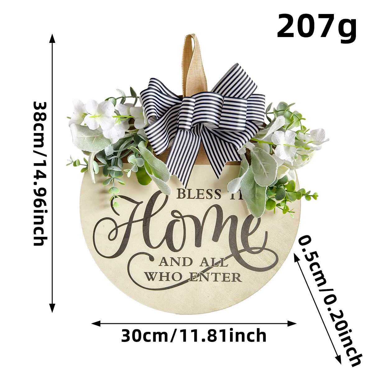 Rustic Wooden Door Hanger – "Bless This Home and All Who Enter" Round Sign with Artificial Flowers & Striped Bow for Front Door, Porch, or Entryway Decor