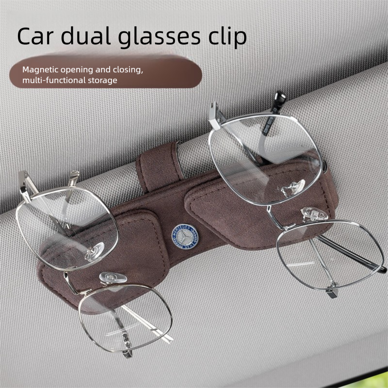 Black Car Sun Visor Sunglasses Holder – Magnetic Dual Clip Organizer with Suede Finish, No-Drill Mounting for Glasses, Cards & Tickets