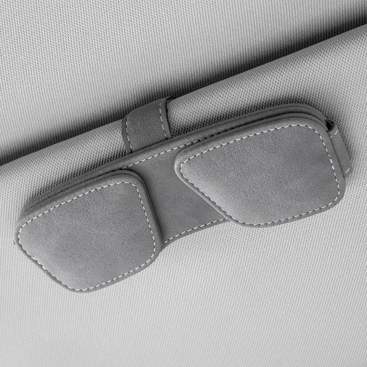 Grey Car Sun Visor Sunglasses Holder – Magnetic Dual Clip Organizer with Suede Finish, No-Drill Mounting for Glasses, Cards & Tickets