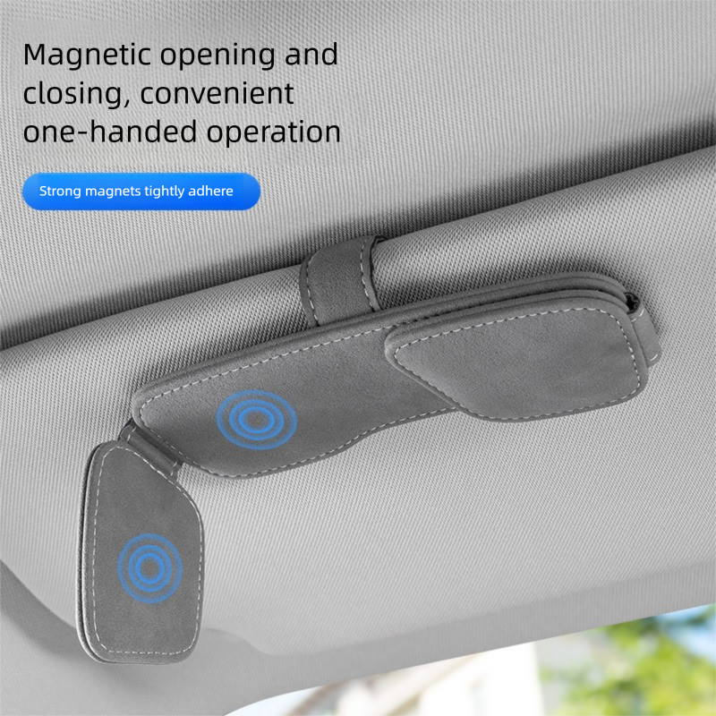 Grey Car Sun Visor Sunglasses Holder – Magnetic Dual Clip Organizer with Suede Finish, No-Drill Mounting for Glasses, Cards & Tickets