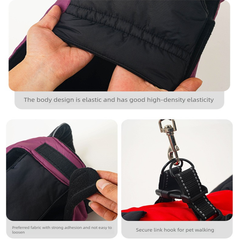 Red Thickened Winter Dog Coat with Reflective Strips – Waterproof, Windproof Pet Jacket for Small to Medium Dogs, Adjustable Fit with Detachable Leash Hook and Decorative Velcro Patch(Size: L)
