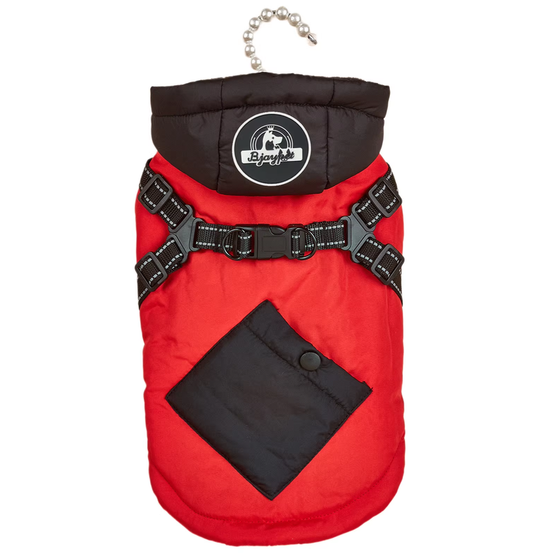 Red Thickened Winter Dog Coat with Reflective Strips – Waterproof, Windproof Pet Jacket for Small to Medium Dogs, Adjustable Fit with Detachable Leash Hook and Decorative Velcro Patch(Size: XL)