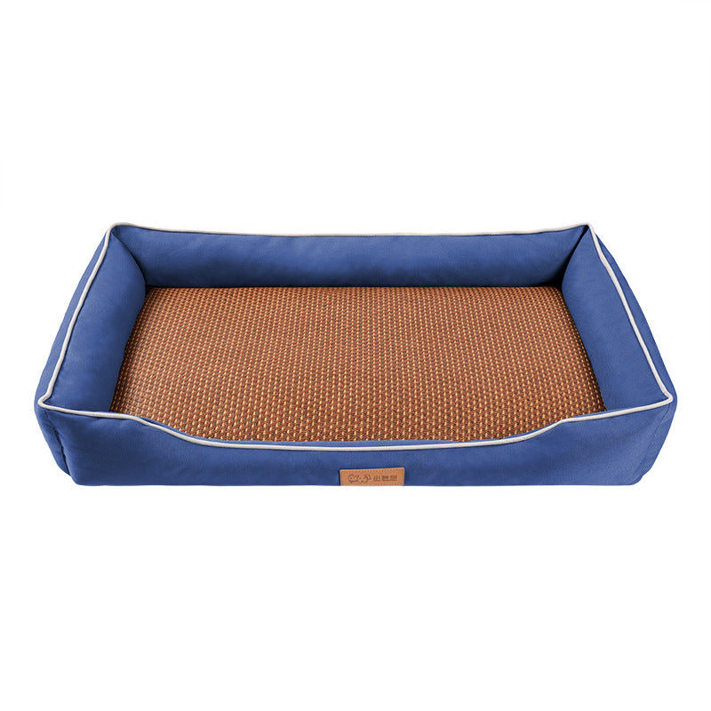 Blue Rectangular Pet Bed with Removable Cooling Mat – Durable 600D Oxford Fabric Dog & Cat Bed, High-Rebound PP Cotton Filling, Non-Slip Base, for Medium to Large Breeds, Includes Free Cooling Pad(Size:L)