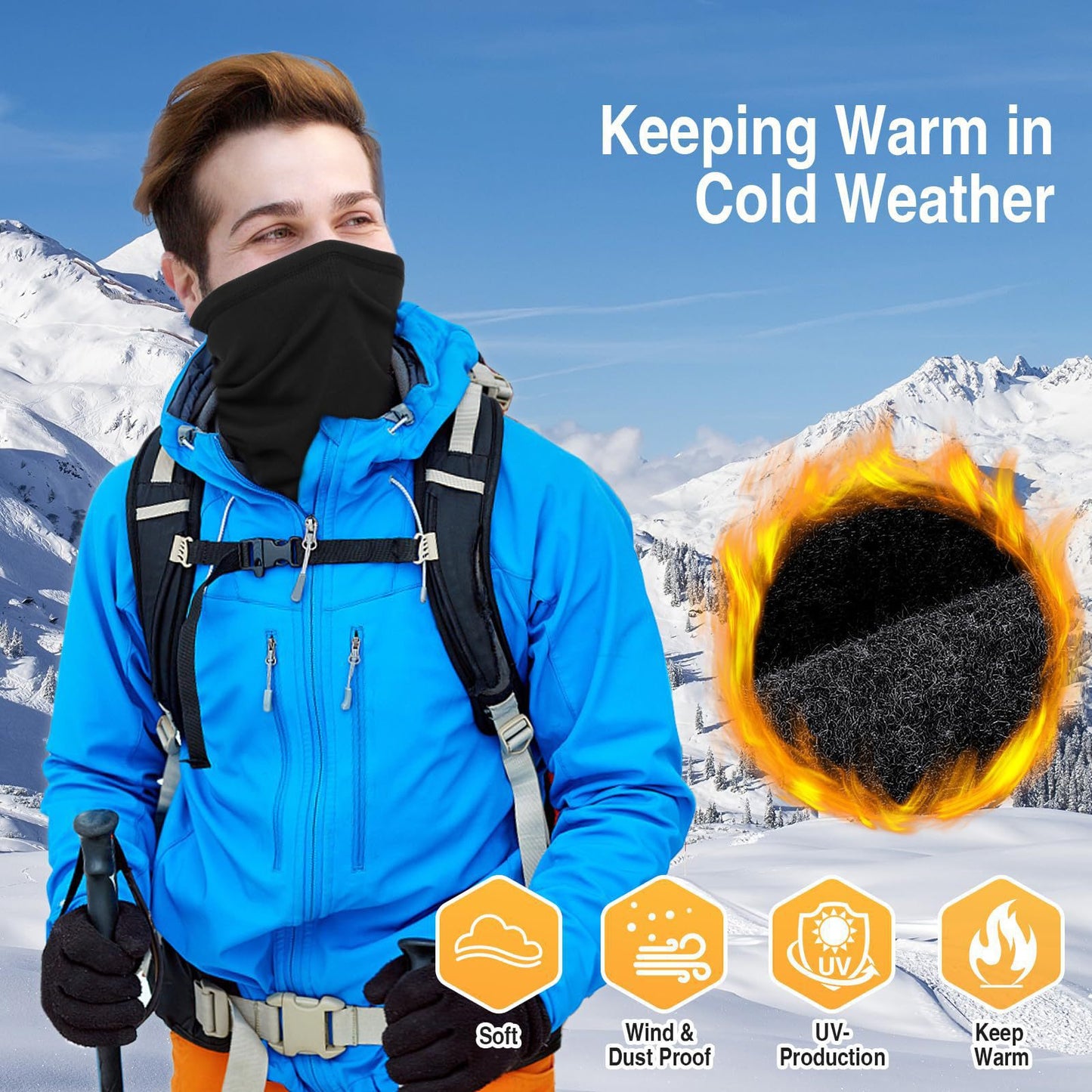 Black Multi-Functional Thermal Neck Gaiter – Windproof, Stretchable Face & Head Cover for Skiing, Cycling, Hiking and Outdoor Activities
