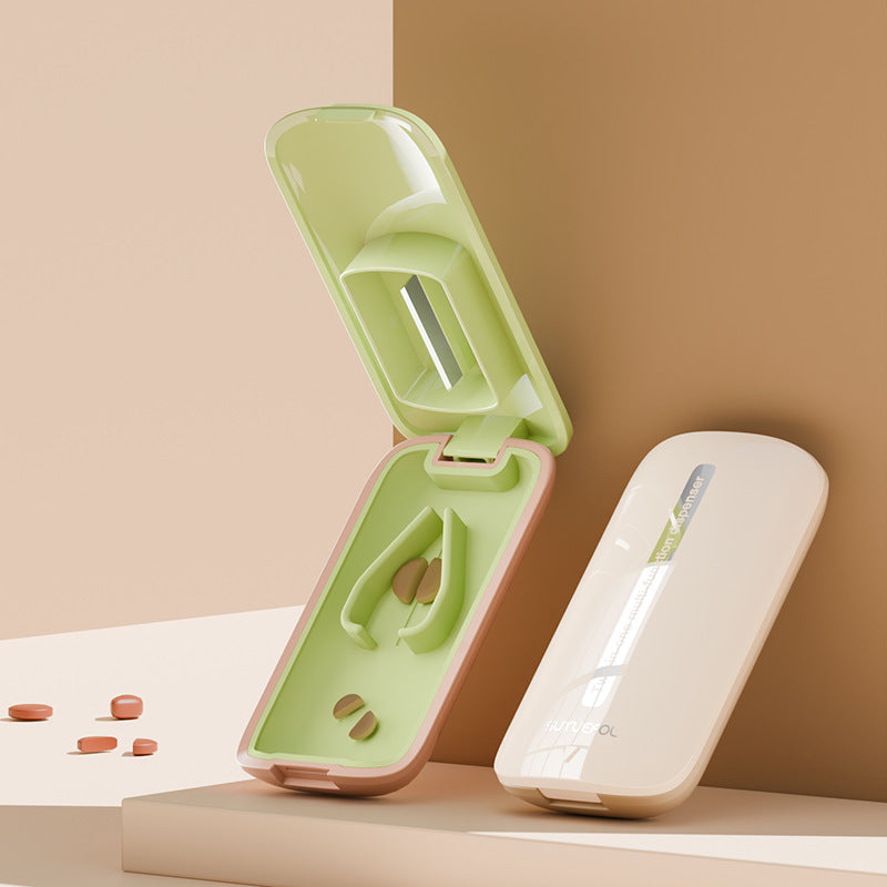 2-Pack Brown and beige Portable Pill Splitter Set – Dual-Function Medication Divider with Stainless Steel Blade and Removable Silicone Liner