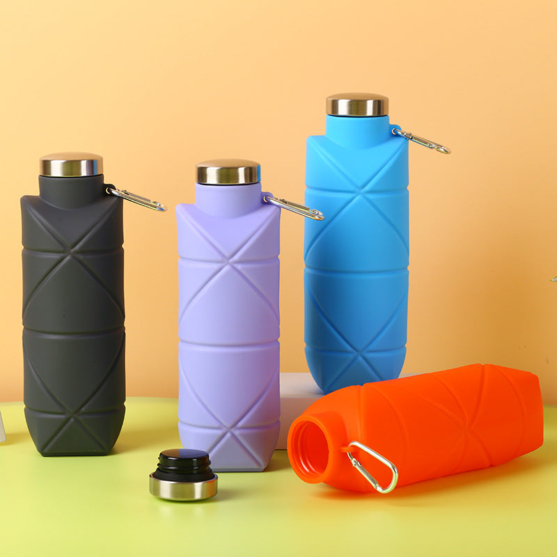 Purple 700ml Collapsible Silicone Water Bottle with Diamond Pattern - Food-Grade Portable Sports Bottle for Hiking, Camping, Travel & Gym - Leak-Proof Foldable Design with Carabiner Clip