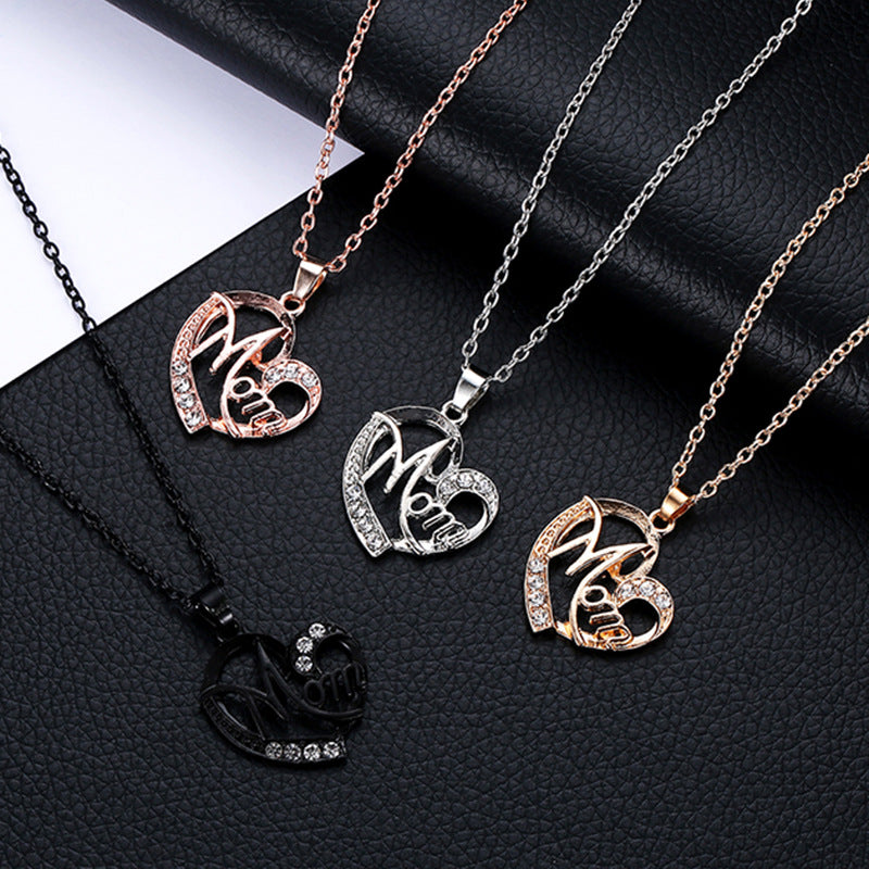 Rose gold MOM Heart Pendant Necklace with Rhinestones - Adjustable 47+5cm Chain, Lightweight Alloy Jewelry for Mother's Day Gift, Everyday Wear & Special Occasions - Elegant Letter Design for Women