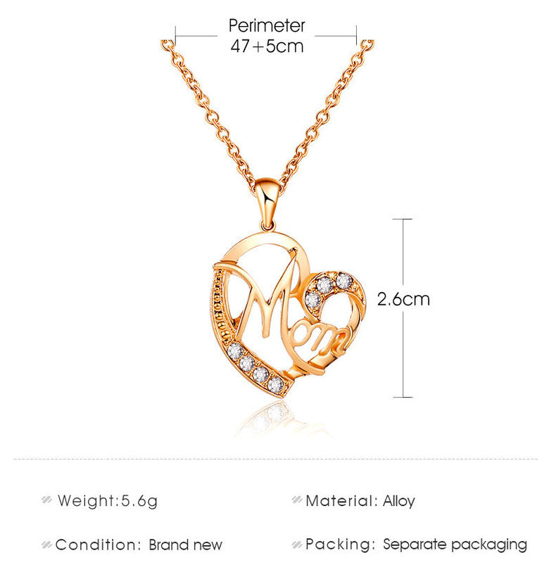 Rose gold MOM Heart Pendant Necklace with Rhinestones - Adjustable 47+5cm Chain, Lightweight Alloy Jewelry for Mother's Day Gift, Everyday Wear & Special Occasions - Elegant Letter Design for Women